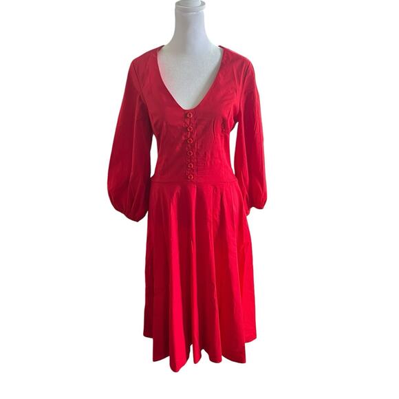 Staud Birdie NWT midi dress Size 6 red linen puff sleeves full skirt V neck - Picture 1 of 5